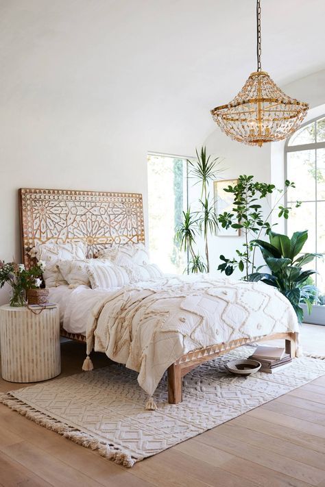 Carved Wooden Headboard Adds Bohemian Texture