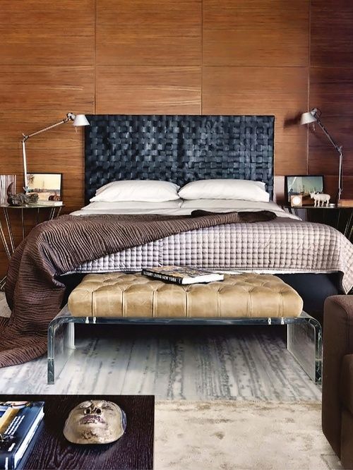 Dark Woven Headboard Adds Textured Drama Above the Bed