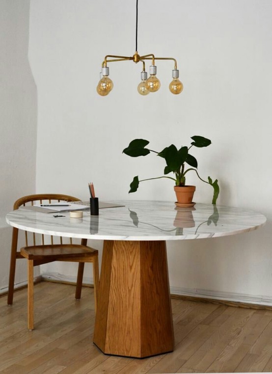 Marble Table with Geometric Wood Base