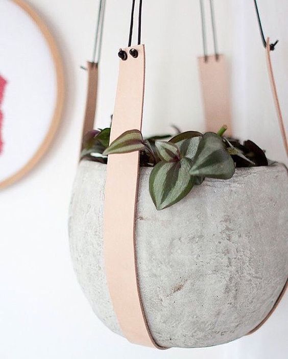 Hanging Concrete Planter With Leather Straps