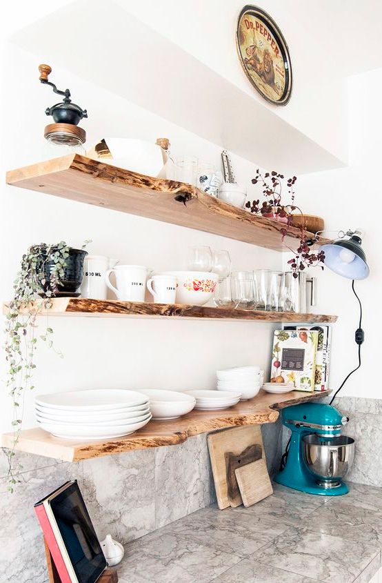 Live-Edge Shelves Add Rustic Charm to Kitchen Displays