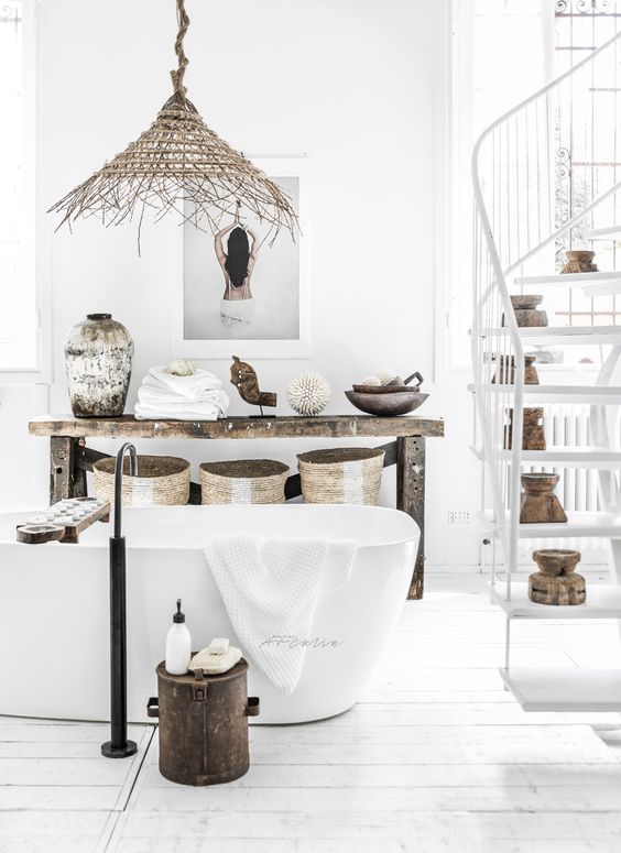 Woven Baskets With White Stripes Offer Storage Under the Bench