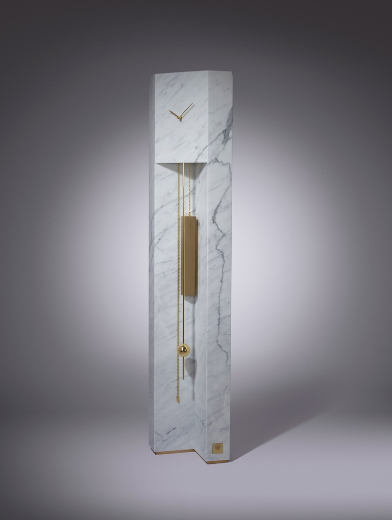 Marble Grandfather Clock With Geometric Gold Accents