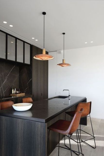 Copper-Tone Pendant Lights Add Warmth Over Island
