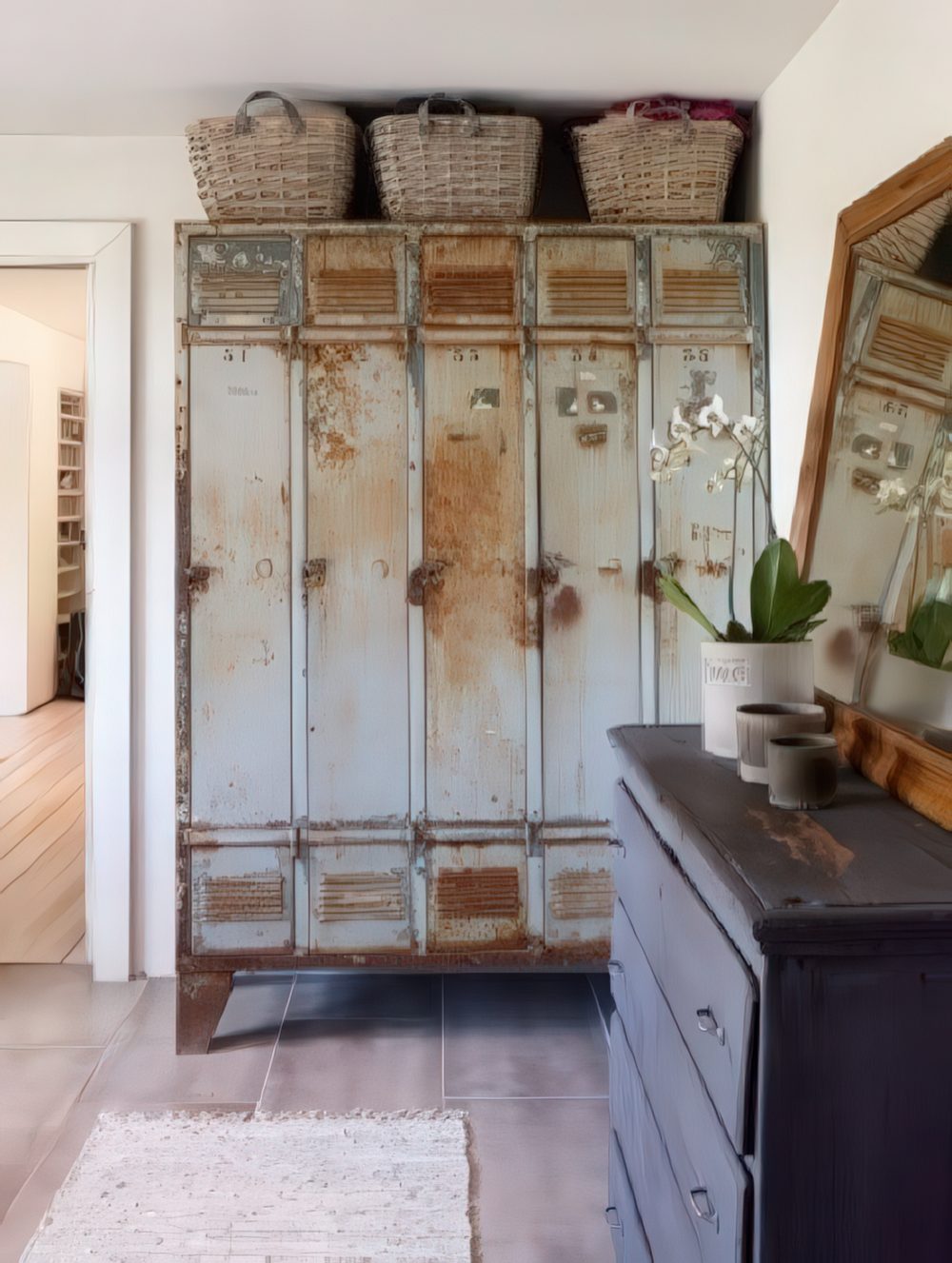 Vintage Lockers with Woven Baskets for Top Storage