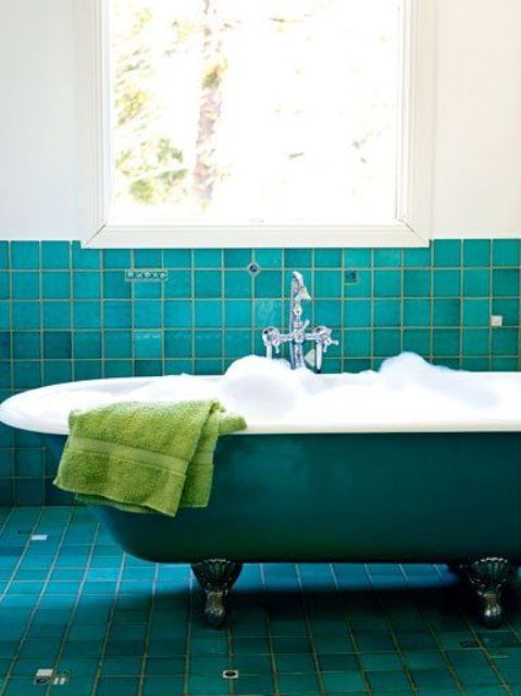 Deep Teal Clawfoot Tub Creates a Jewel Box Effect