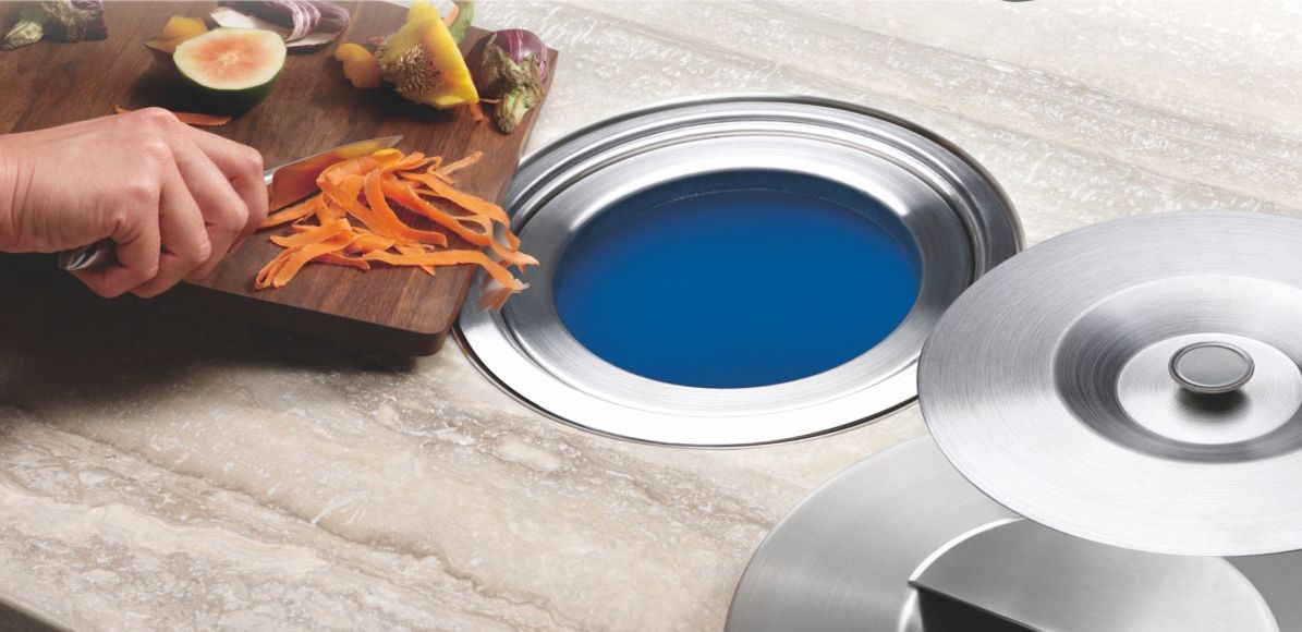 Countertop Cutout With Metal Bin For Easy Scrap Disposal