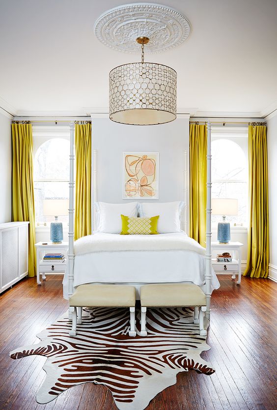Yellow Velvet Curtains Frame Arched Windows