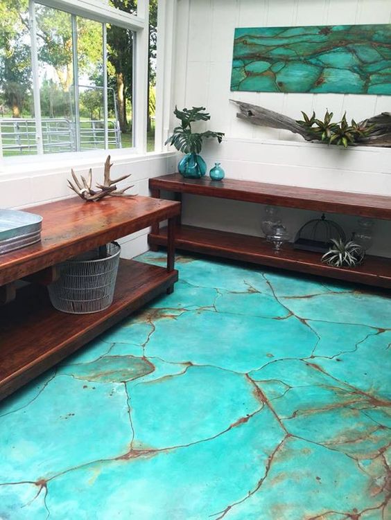 Choose a Turquoise Concrete Floor Mimicking Natural Stone Veining