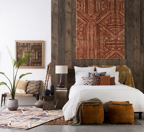 Textured Poufs Add Warmth and Seating Next to Bed