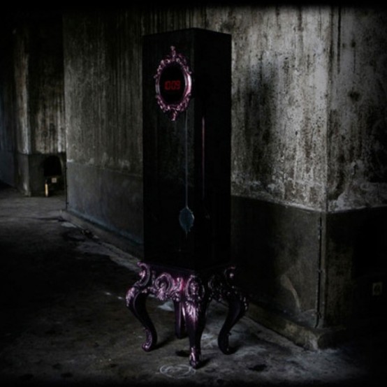 Ornate Purple Base Adds Unexpected Flair to Tall Clock