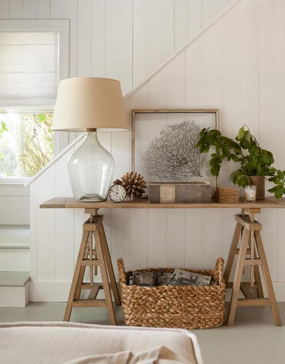 Adjustable Height Desk with Woven Storage Basket