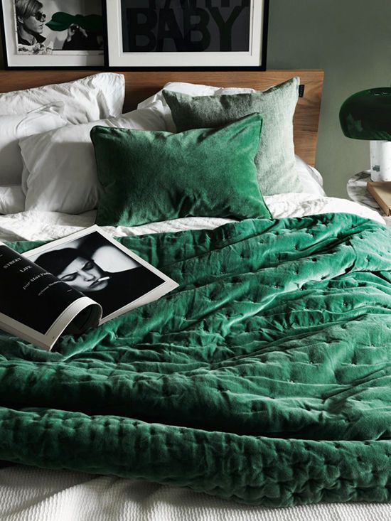 Emerald Velvet Quilted Bedspread Adds Lush Texture
