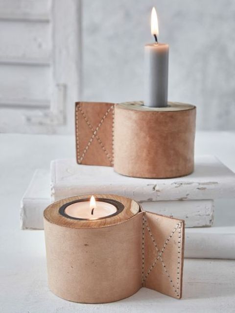 Leather-Wrapped Candle Holders Add Rustic Warmth
