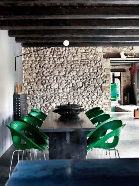 Sculptural Green Chairs Add a Pop of Color to Rustic Wood Table