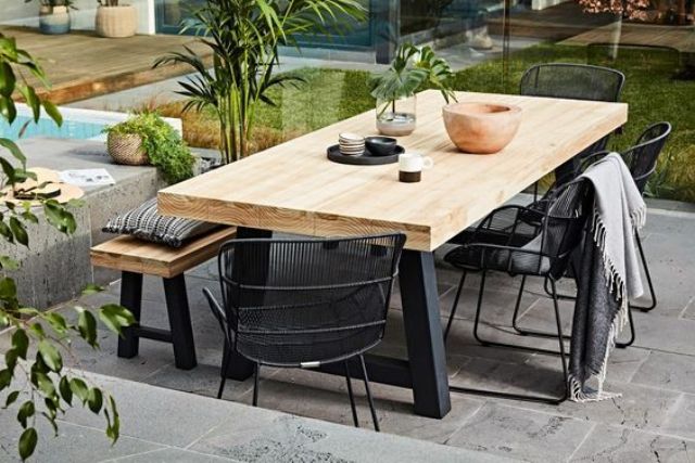 Raw-Edge Wooden Table With Black Metal Legs
