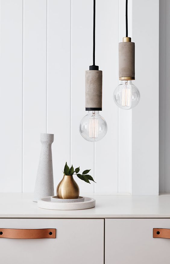 Concrete Cylinder Pendant Lights With Brass Accents
