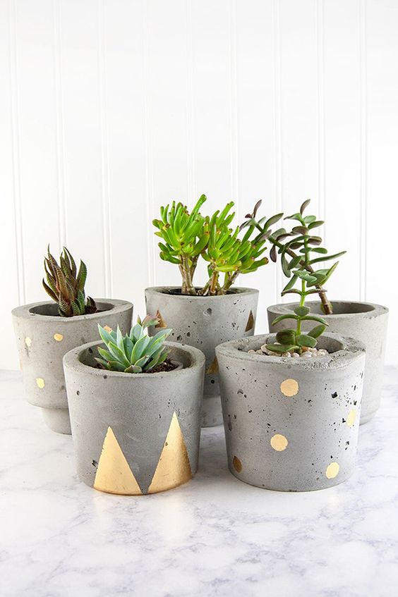 Concrete Planters With Metallic Geometric Accents