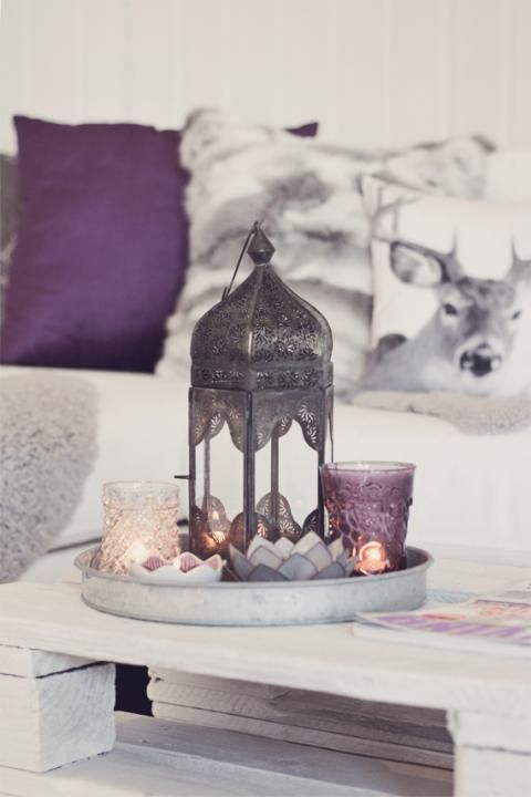 Group Candles and Lanterns on a Metal Tray