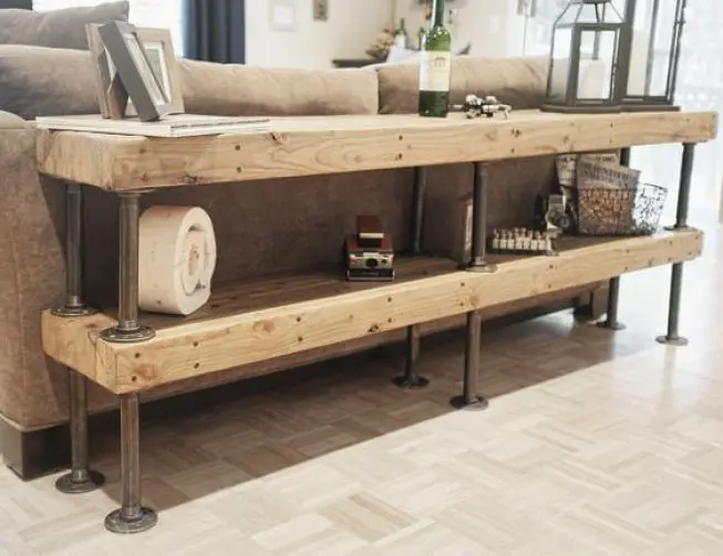 Industrial Pipe and Wood Console Table Behind Sofa