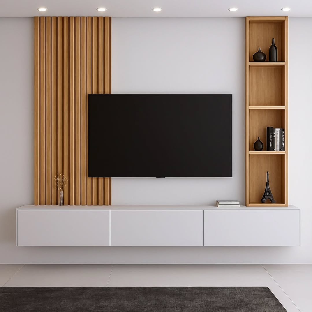 Floating Cabinet with Tall Wood Shelving