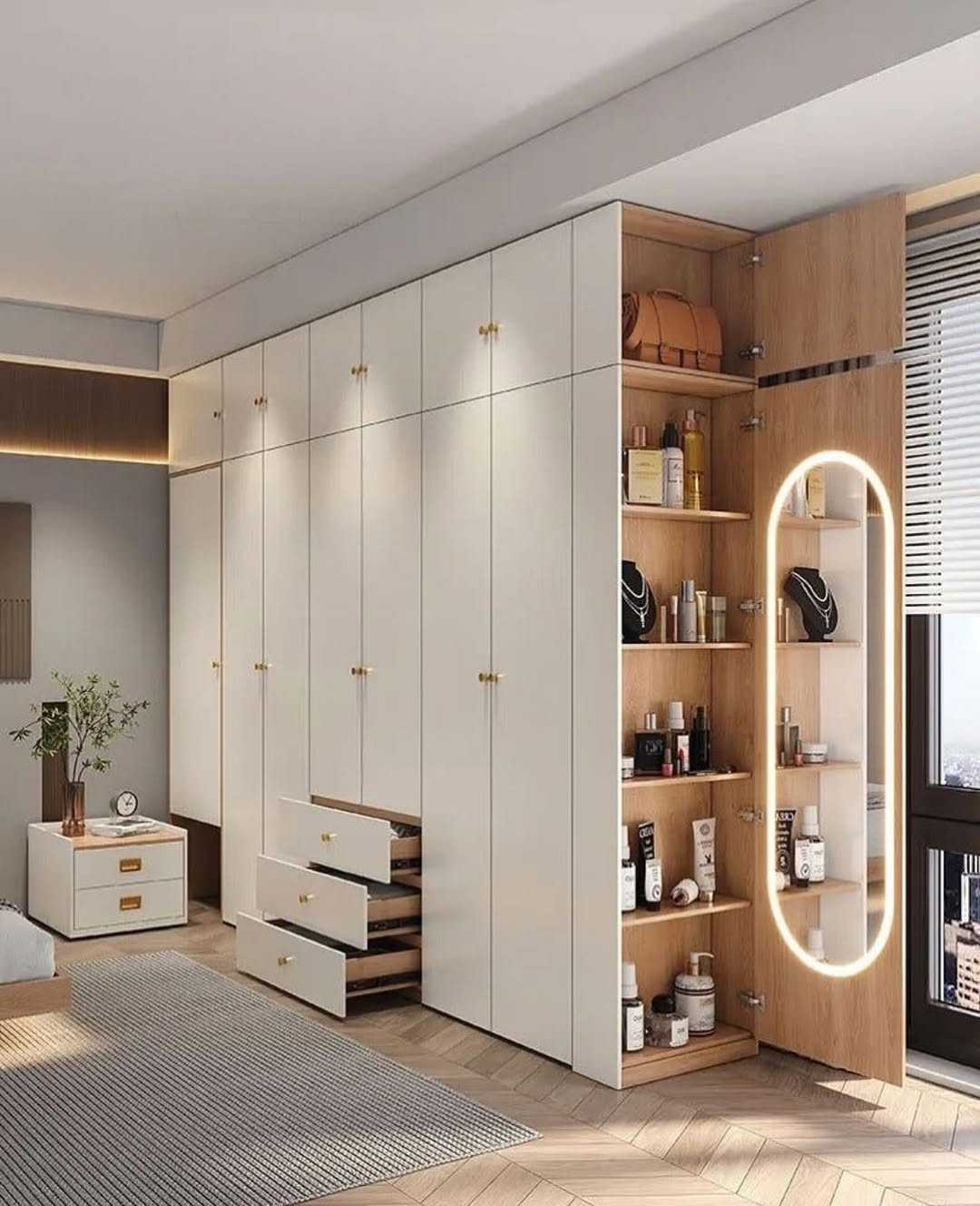Open Shelves With Integrated Mirror for Makeup Application