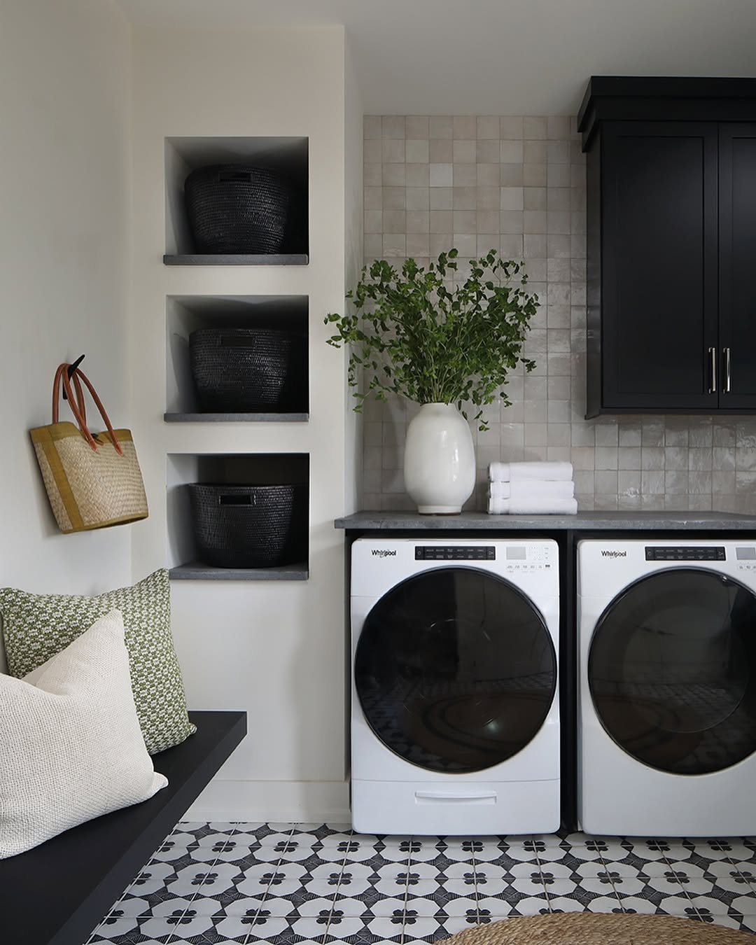 Recessed Niches Hold Black Baskets for Textured Storage