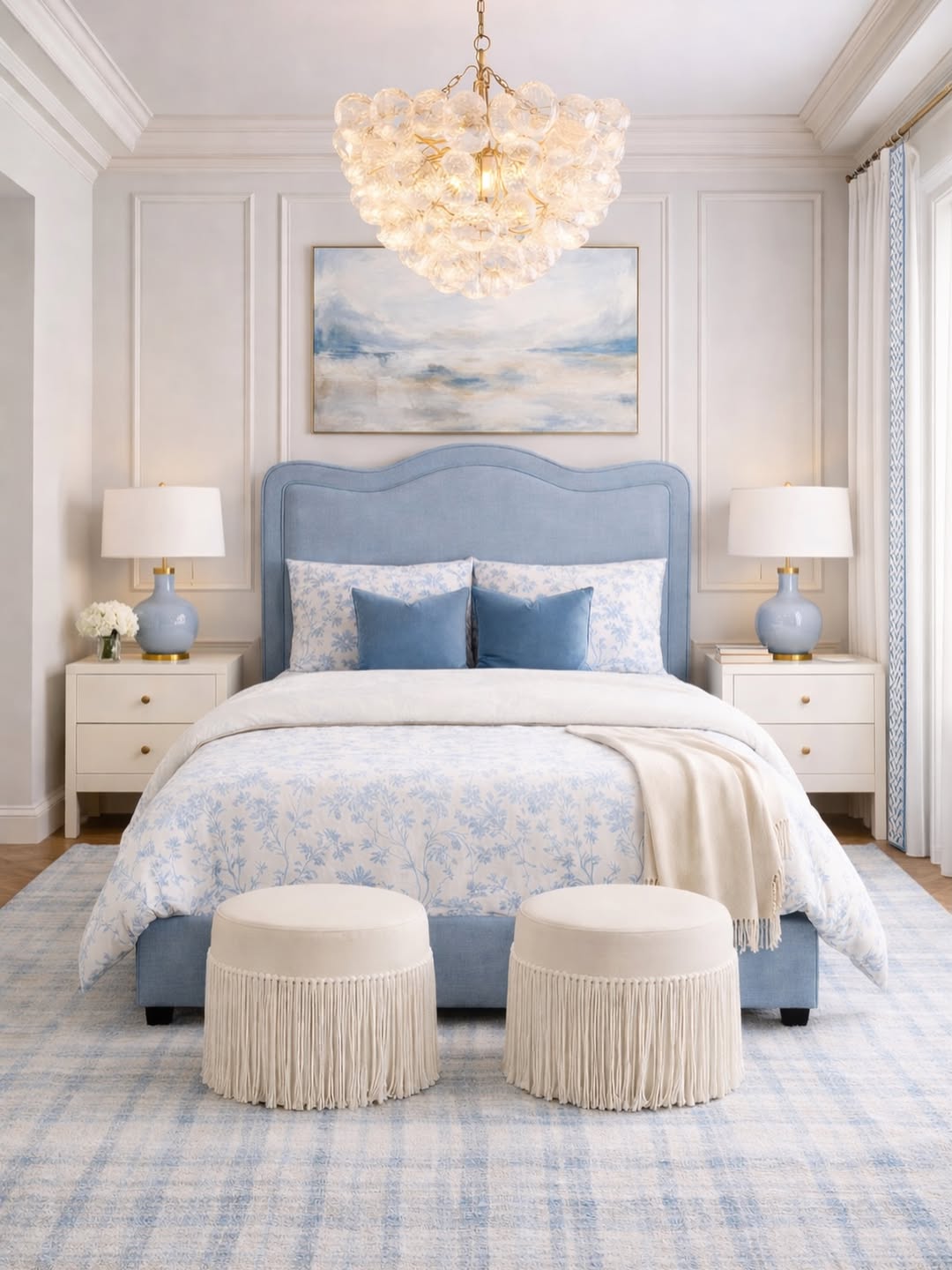 Fringed Ottomans Add Softness and Seating at the Foot of the Bed