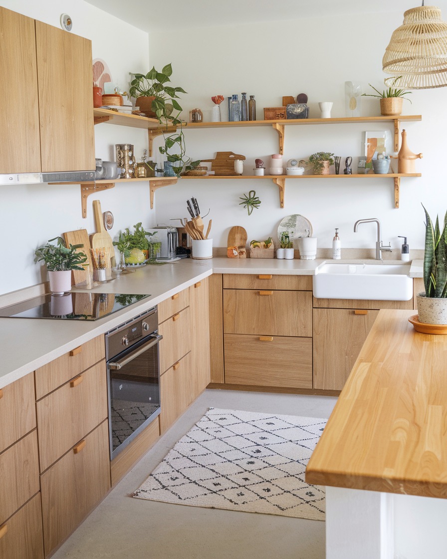 Open Shelving With Varied Kitchenware and Plants