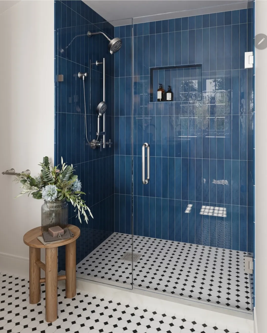 Vertical Blue Tile Creates a Striking Shower Backdrop