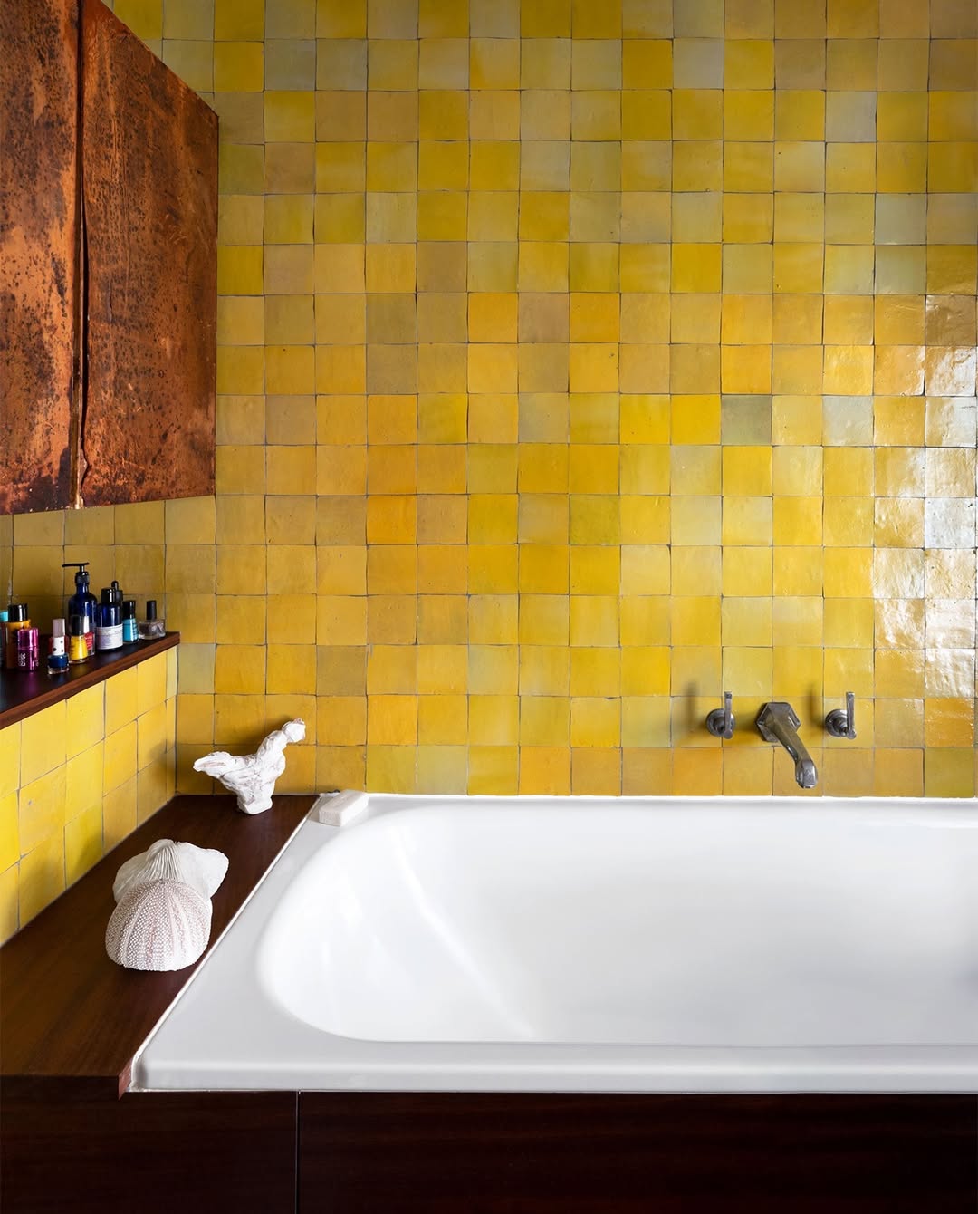 Dark Wood Ledge Adds Warmth Next to Yellow Tiles