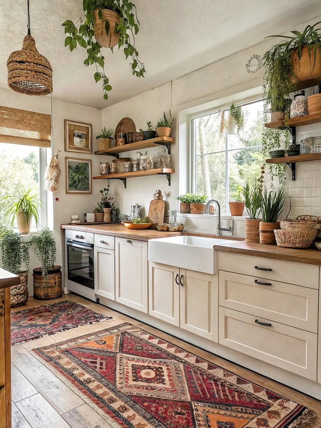Layered Rugs Add Bohemian Warmth to Kitchen Floors