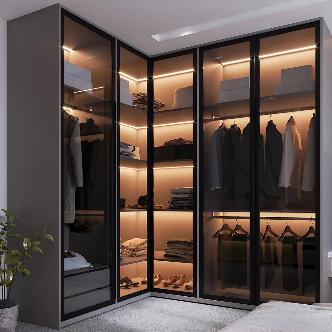 Glass Wardrobe Doors with Ambient LED Lighting