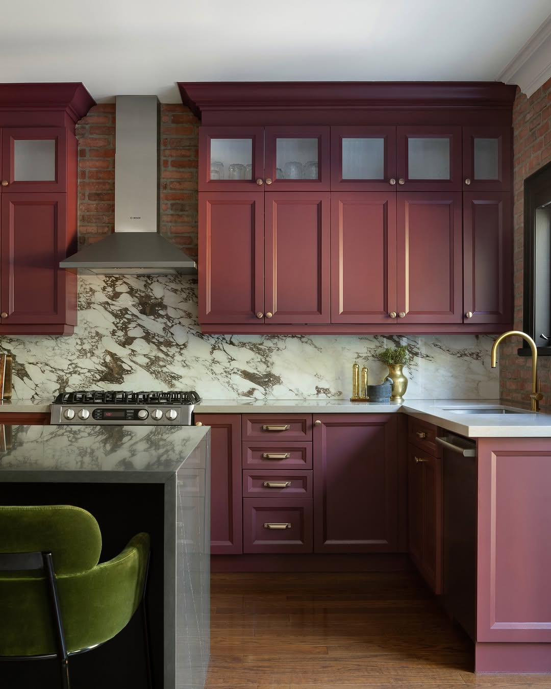 Burgundy Cabinets With Glass Panes Display Kitchenware