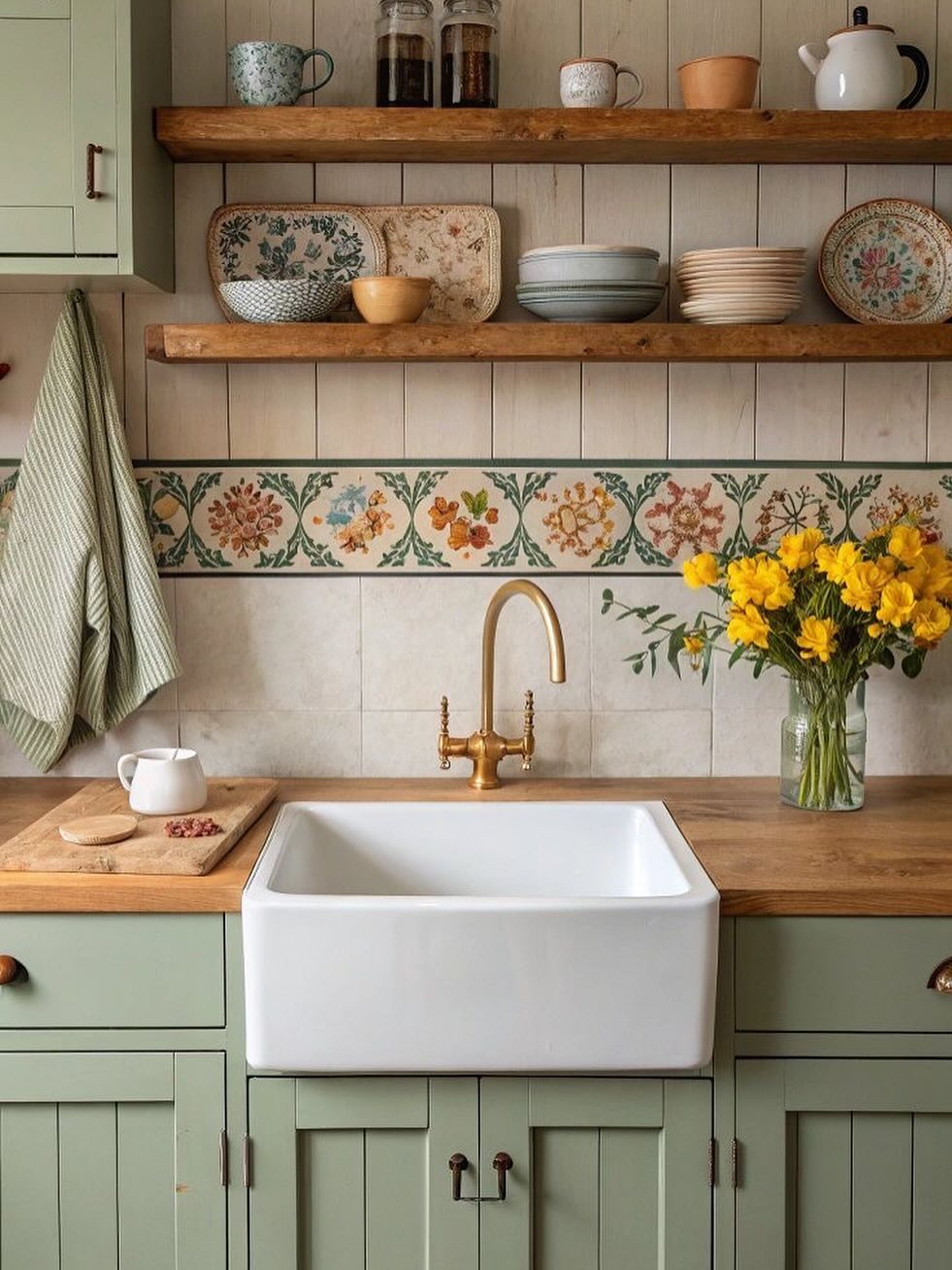 Floral Border Tile Adds Patterned Detail Above the Sink