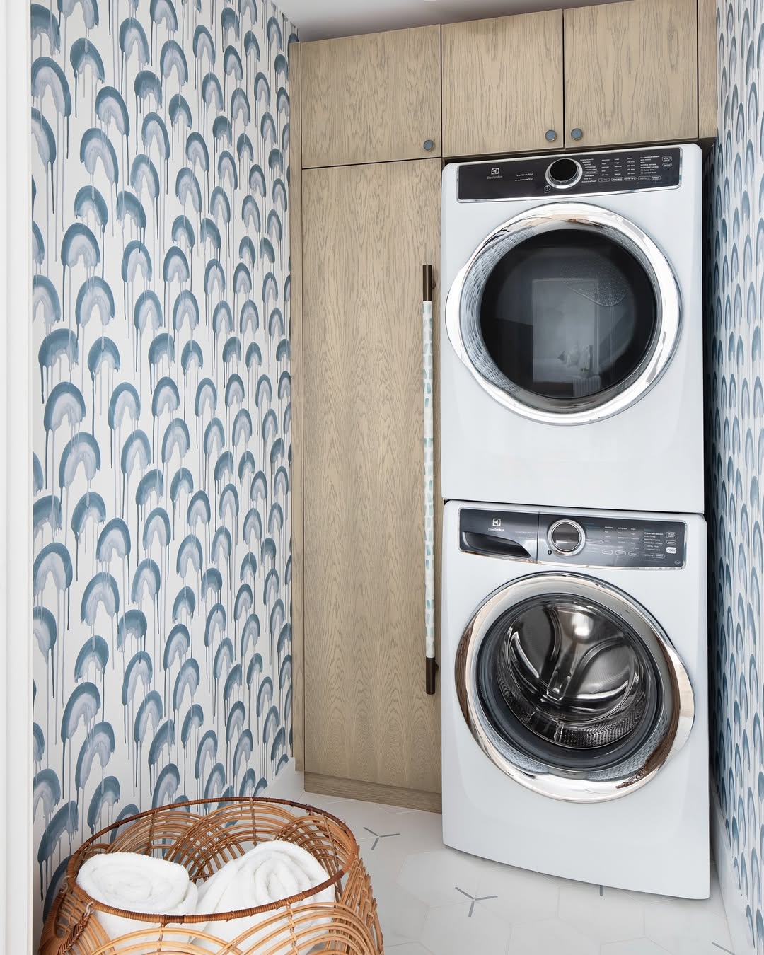 Complement Stacked White Appliances With Wood Grain Cabinets