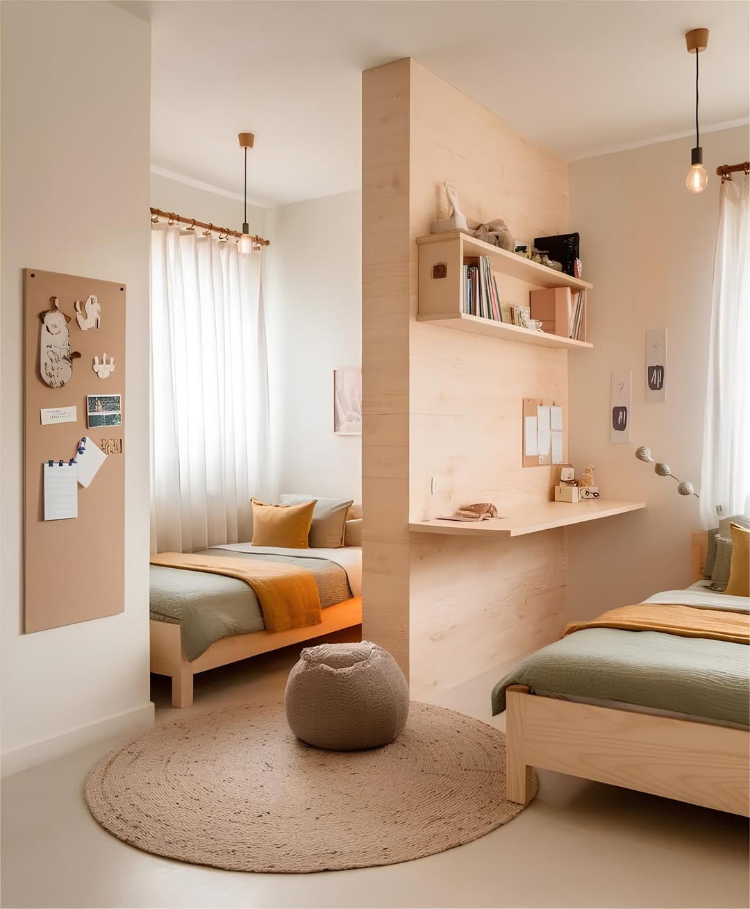Cork Board Displays Artwork and Notes Near Bed