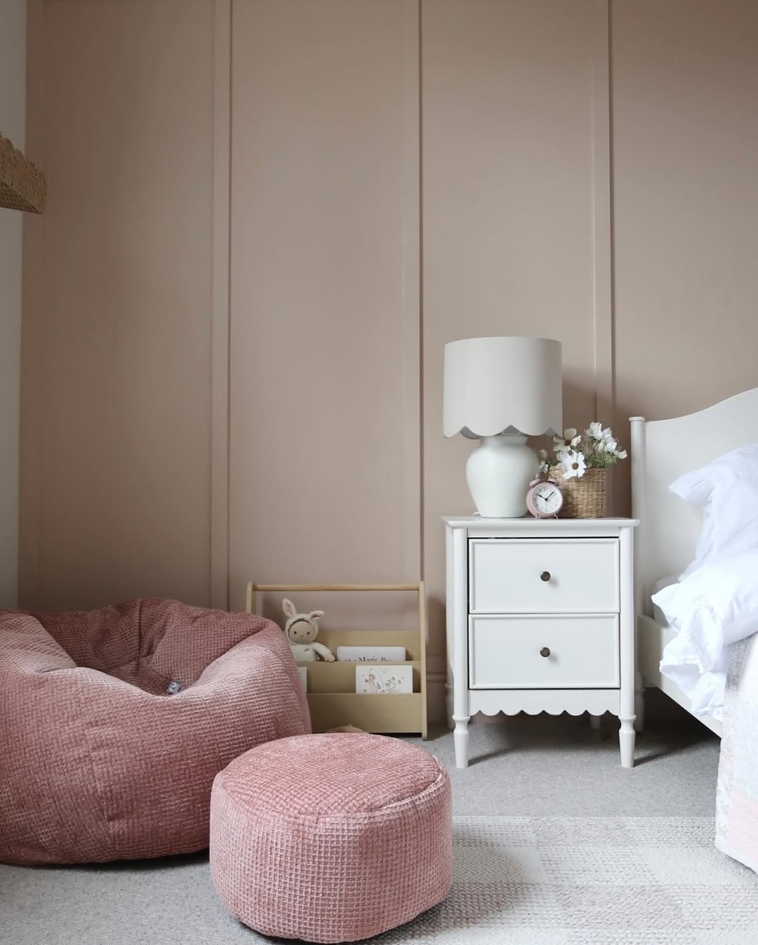 Pink Bean Bag and Ottoman Create a Cozy Reading Corner