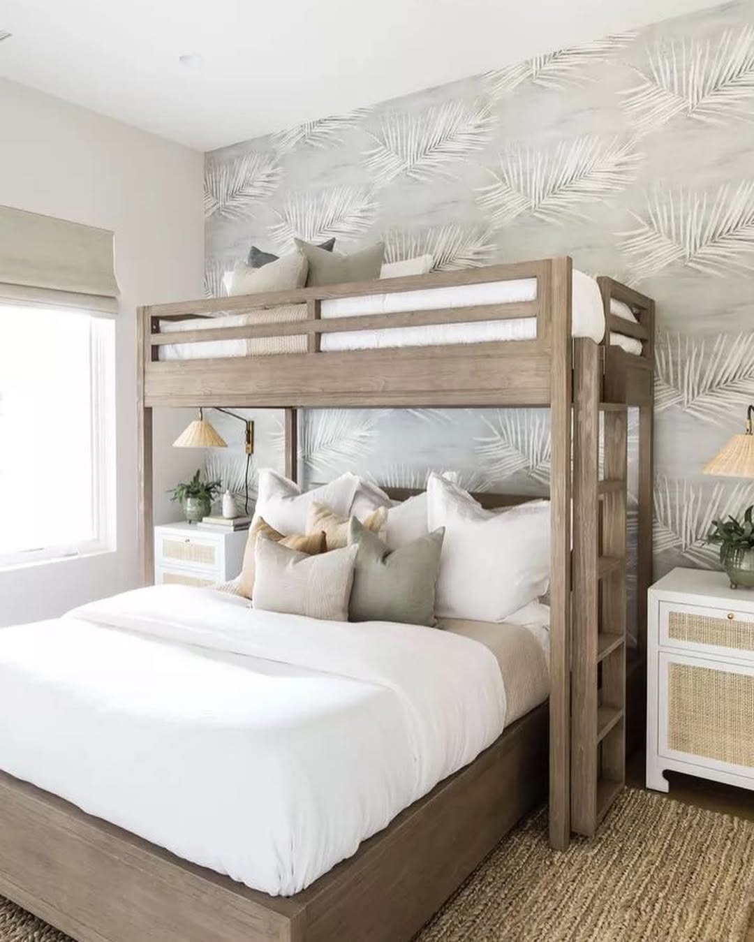 Bunk Bed with Tropical Leaf Wallpaper
