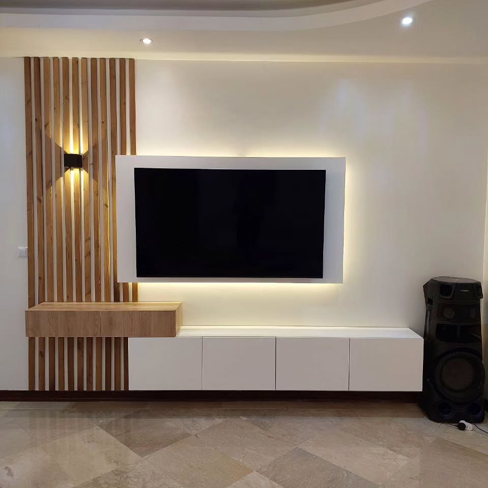 Wooden Slat Wall with Integrated Sconce Lighting