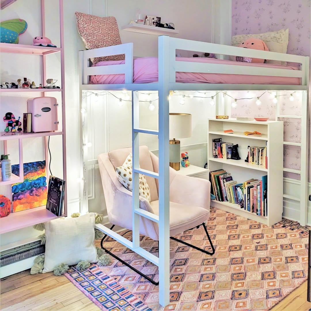 White Loft Bed Frame With Integrated Ladder