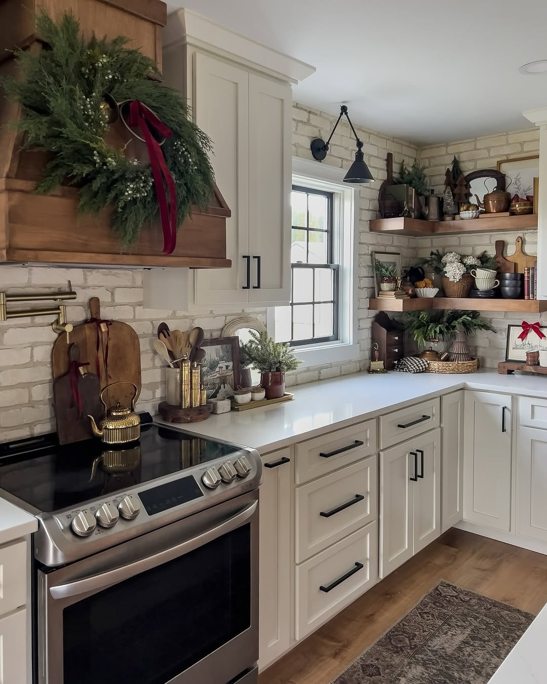 Wooden Range Hood Decorated With A Festive Greenery Wreath