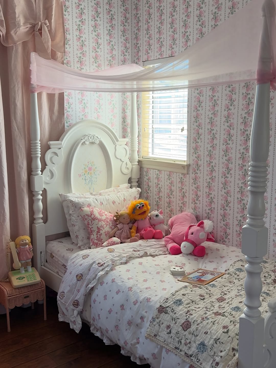 Pink Tulle Canopy Softens a Four-Poster Bed