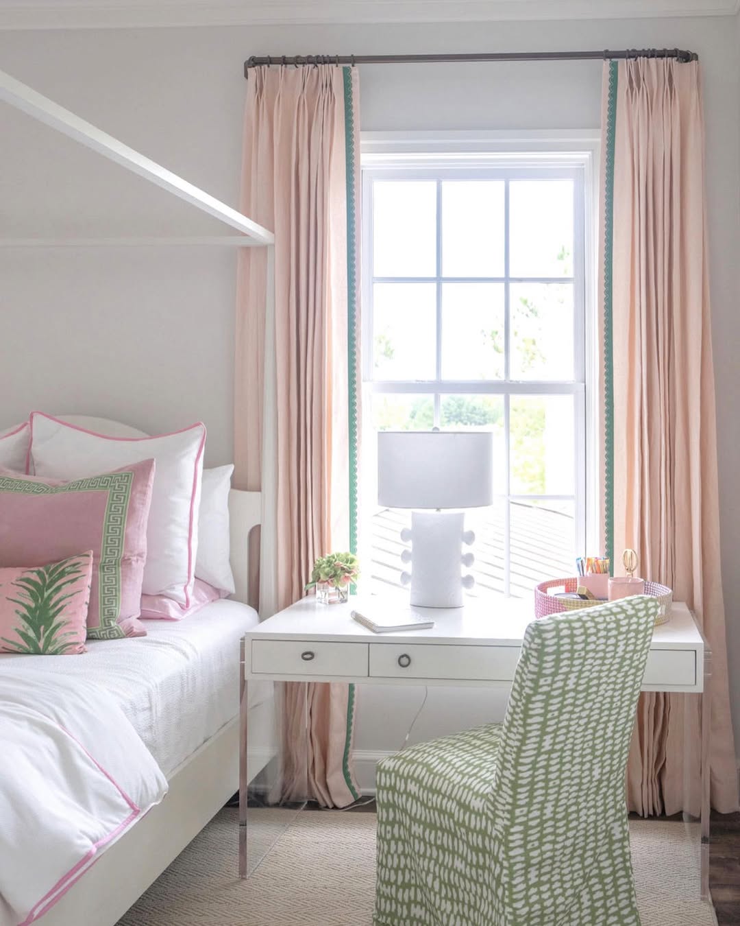 Playful Pink Curtains with Green Trim
