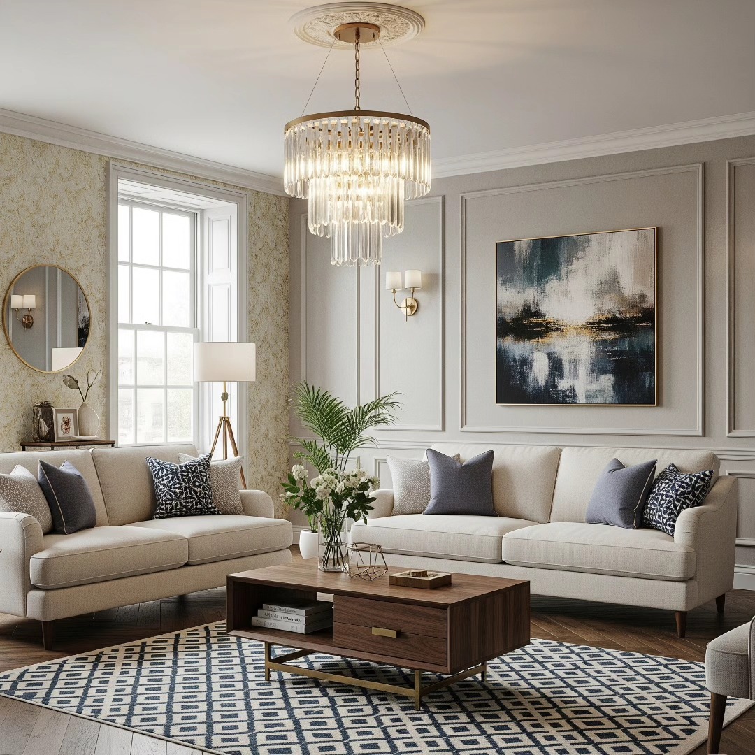 Layered Glass and Crystal Chandelier Adds Sparkle