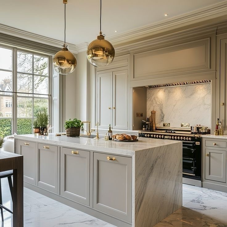 Gold Orb Pendants Add Warm Glow Over Marble Island