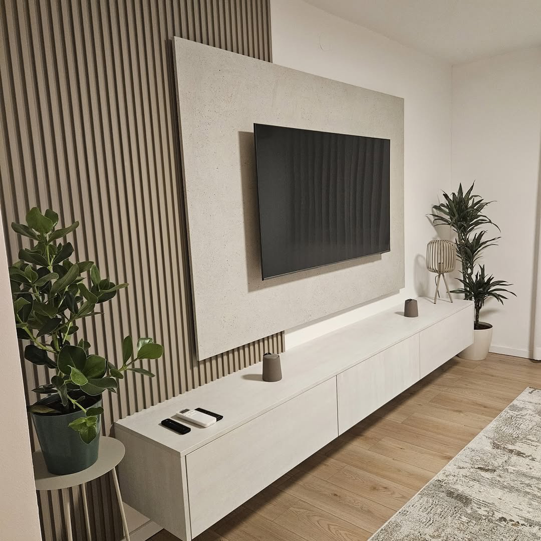Floating Console with Vertical Wood Panel Accent