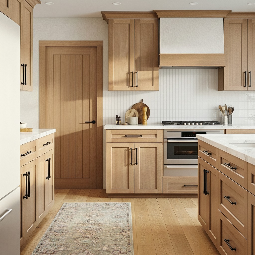 Wooden Cabinetry with Black Hardware Creates Natural Contrast