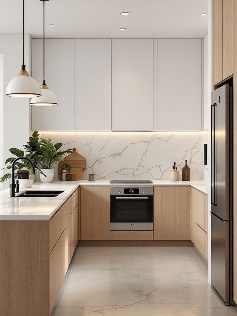 Under-Cabinet Lighting Highlights Marble Backsplash
