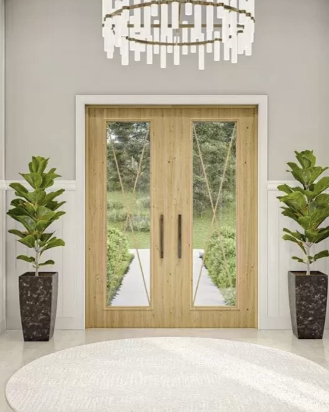 Tall Fiddle Leaf Figs in Textured Planters Balance Wood Doors